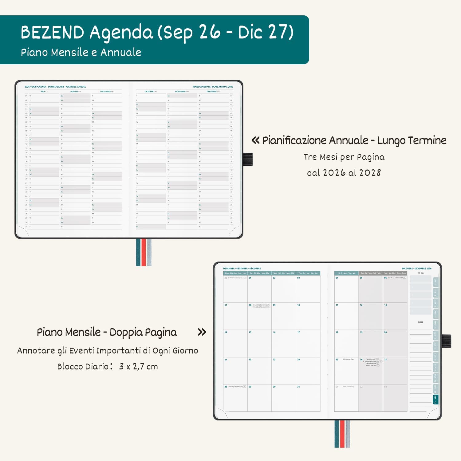 Detalle 2 de BEZEND Agenda 2026/2027 Giornaliera B6 17x12 cm, Copertina in Pelle PU Verde Scuro, 16 mesi