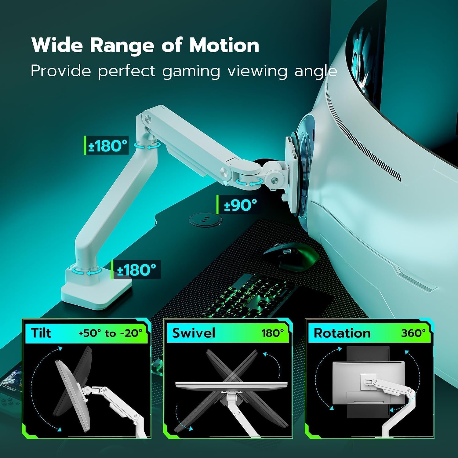 Detalle de ARES WING Ultrawide Monitor Arm for 17–49-Inch Screens, 44 lb, White