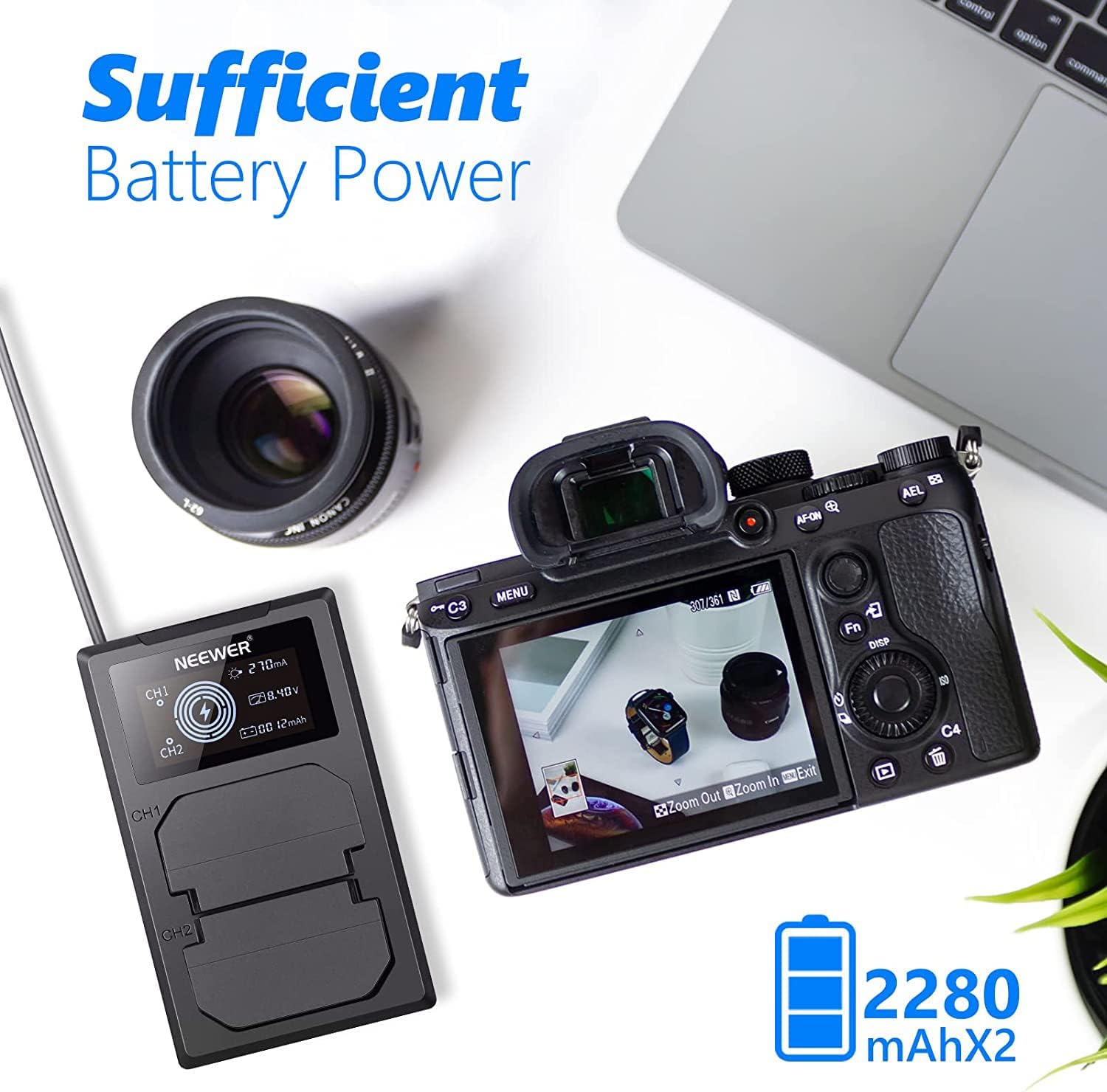 Detalle de NEEWER NP-FZ100 : kit chargeur double USB + 2 batteries de remplacement (2280 mAh) pour appareils Sony