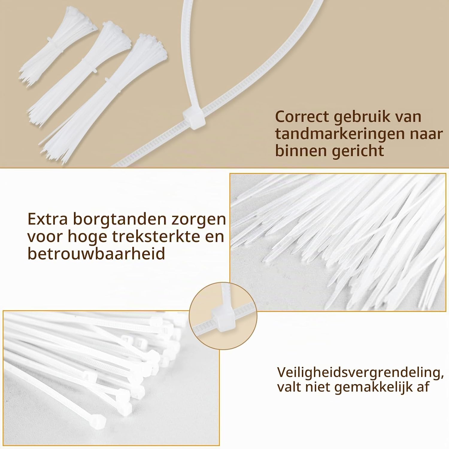 Detalle 1 de Behiruch ZD001 kabelbinderset, wit nylon, 3 lengtes met zelfklevende houders