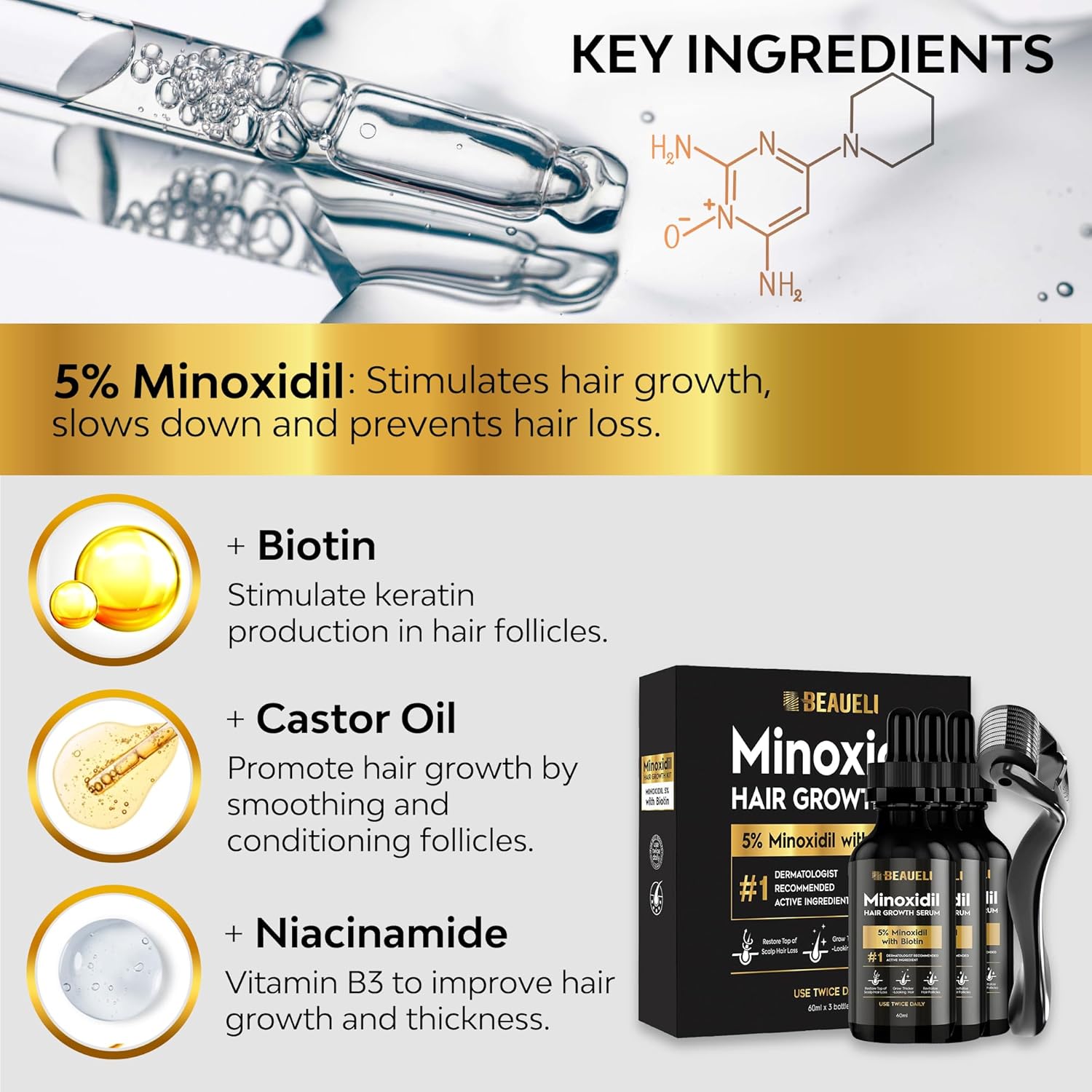 Detalle de Beaueli Minoxidil Beard Growth Kit for Men and Women (3 x 60 mL)