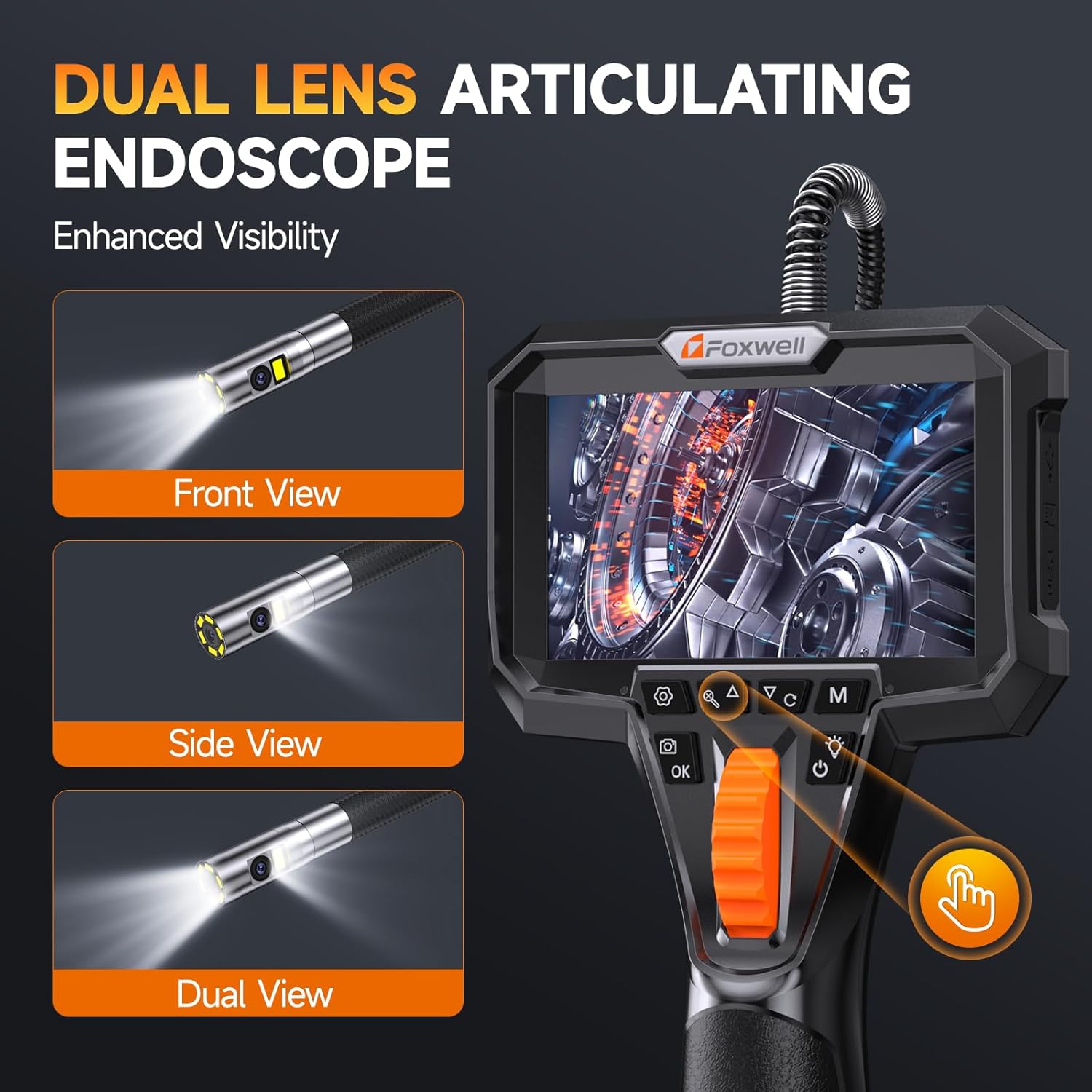 Detalle de FOXWELL 6.5mm Slim Dual-Lens 220° Two-Way Articulating Borescope (Y406D) with IPS HD Screen