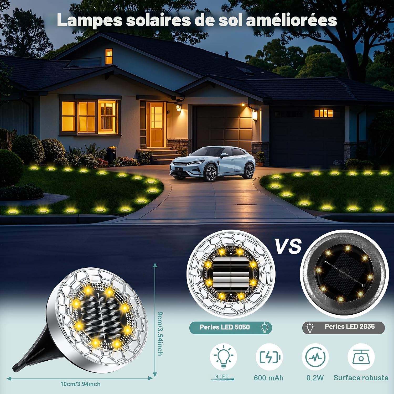 Thumbnail 4 de FIFlying 10 Pièces Lampe Solaire Extérieure - 8 LED, Acier Inox et Polycarbonate, IP65, Jardin/Allée/Patio