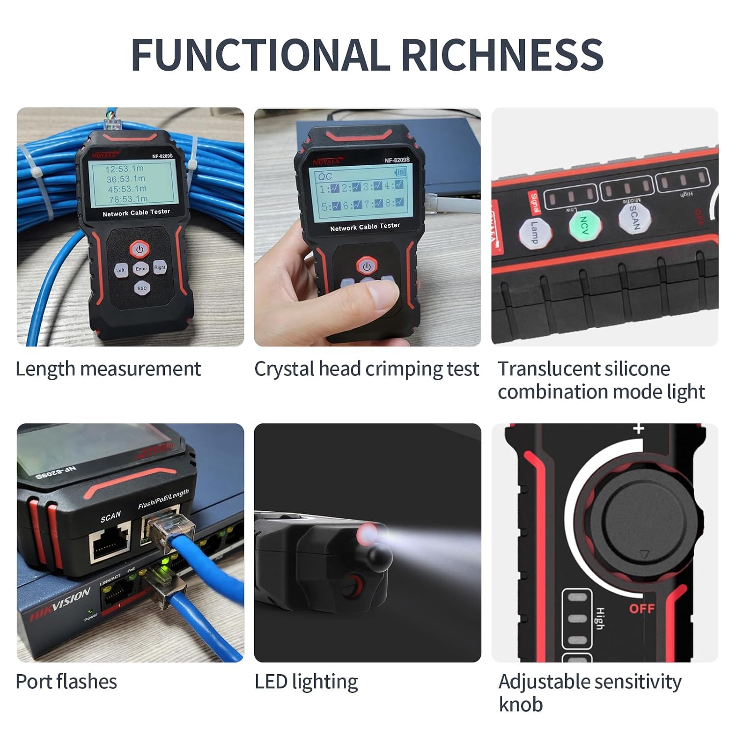 Detalle 1 de NOYAFA NYF-NF8209S Network Cable Tester with PoE, NCV and Port Flash