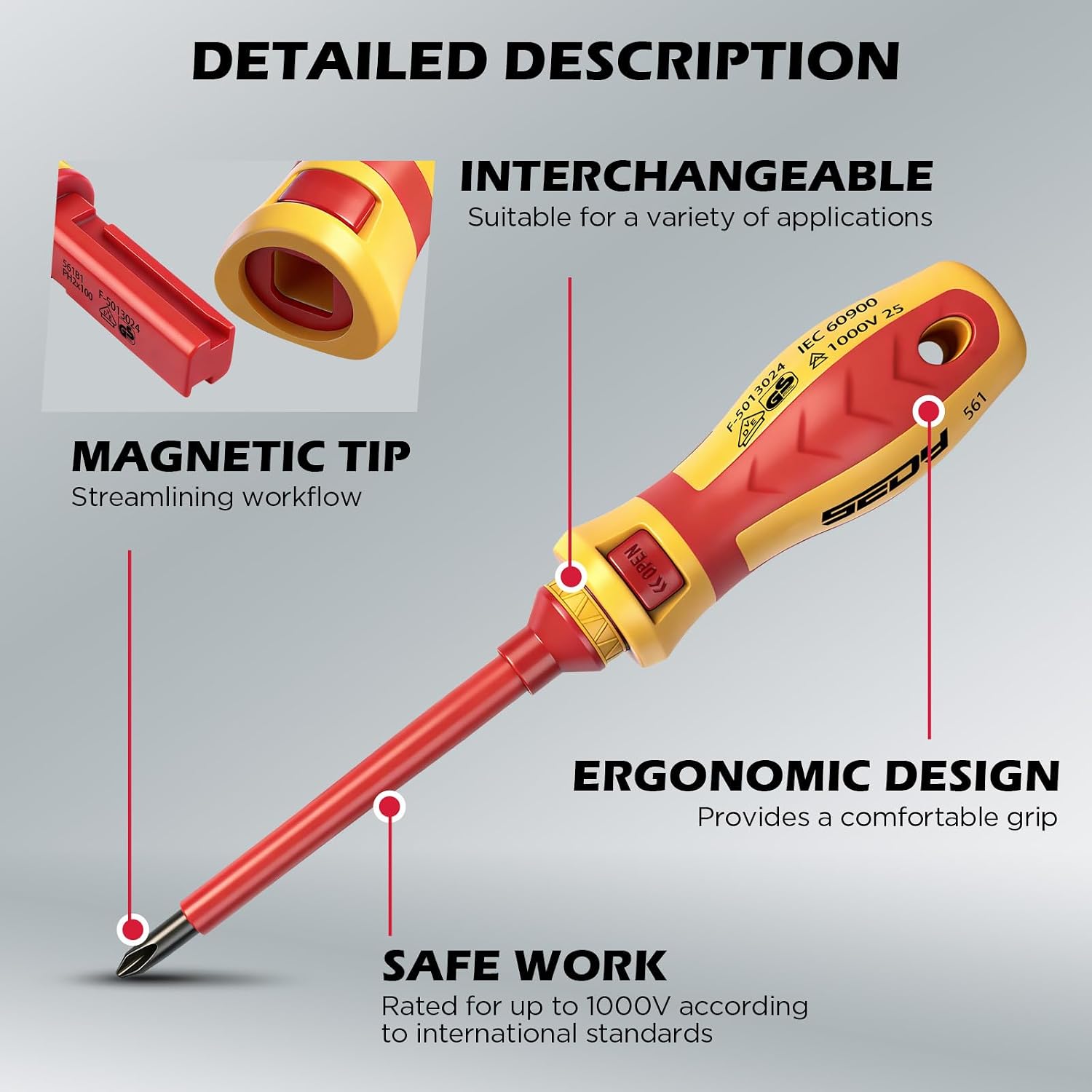 Detalle de SEDY 94310 13-Piece Insulated Screwdriver Set with Magnetic Tips