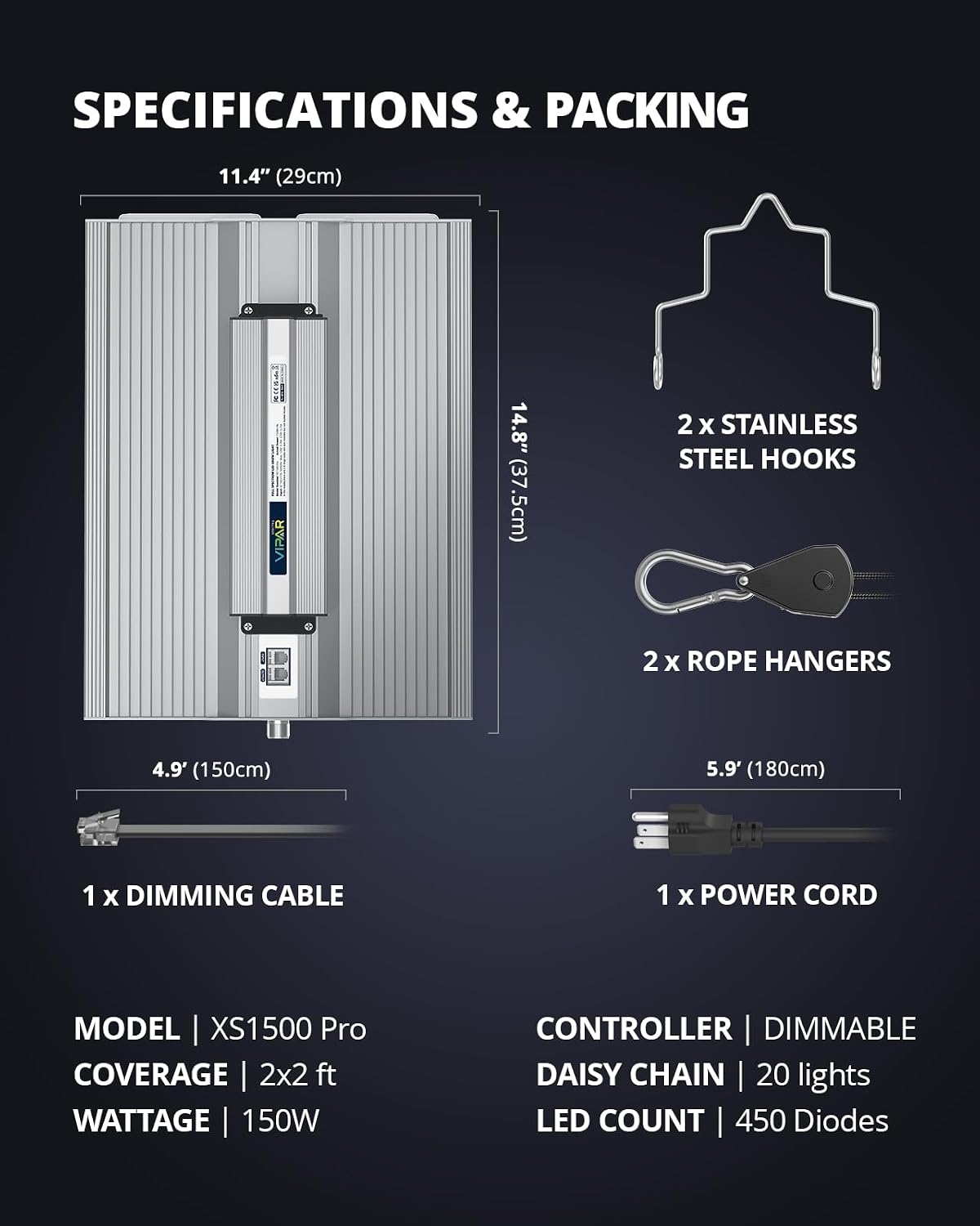 Thumbnail 5 de VIPARSPECTRA XS1500 PRO LED Grow Light, Full Spectrum, Dimmable, Daisy Chain