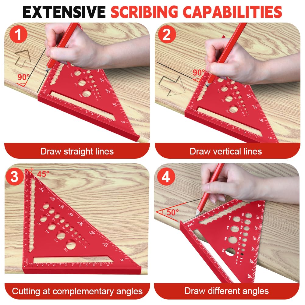 Detalle de Flintronic 2 Pcs Speed Square Set (18 & 30cm) Aluminium Alloy Triangle Ruler with 2 Carpenter Pencils