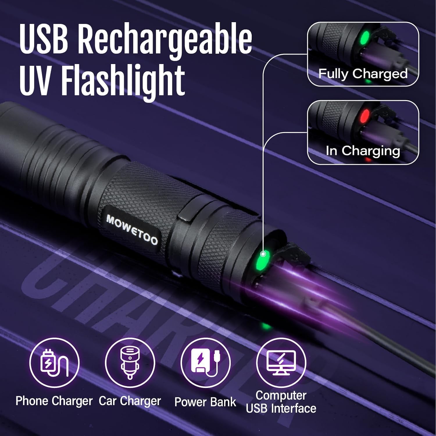 Detalle de MOWETOO UV Torch Rechargeable – Mini LED UV Lamp with 395nm Zoomable Beam