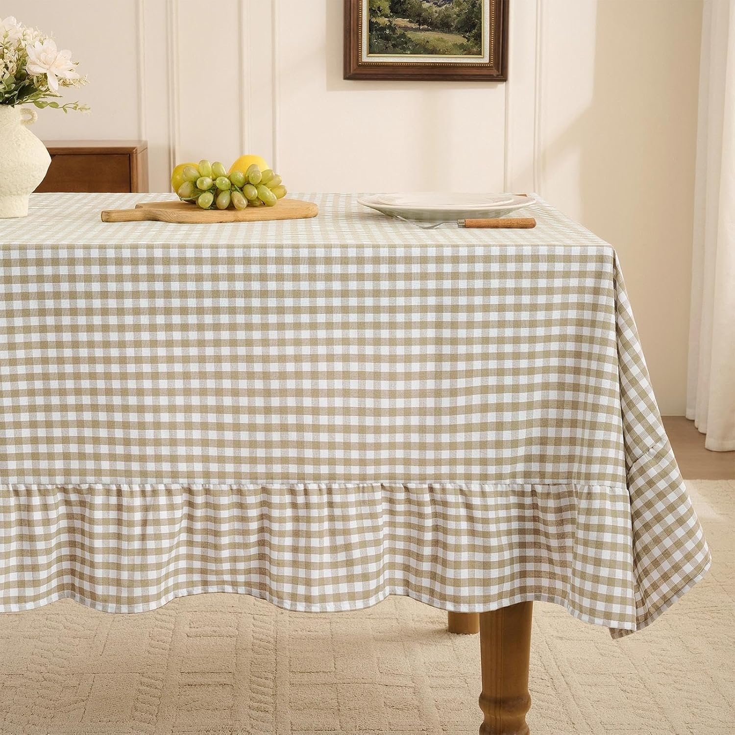 Detalle de Romanstile Gingham Ruffled Tablecloth Rectangle - Waterproof Linen Cotton Checkered Outdoor Table Cover (60 x 120 inches, Taupe)