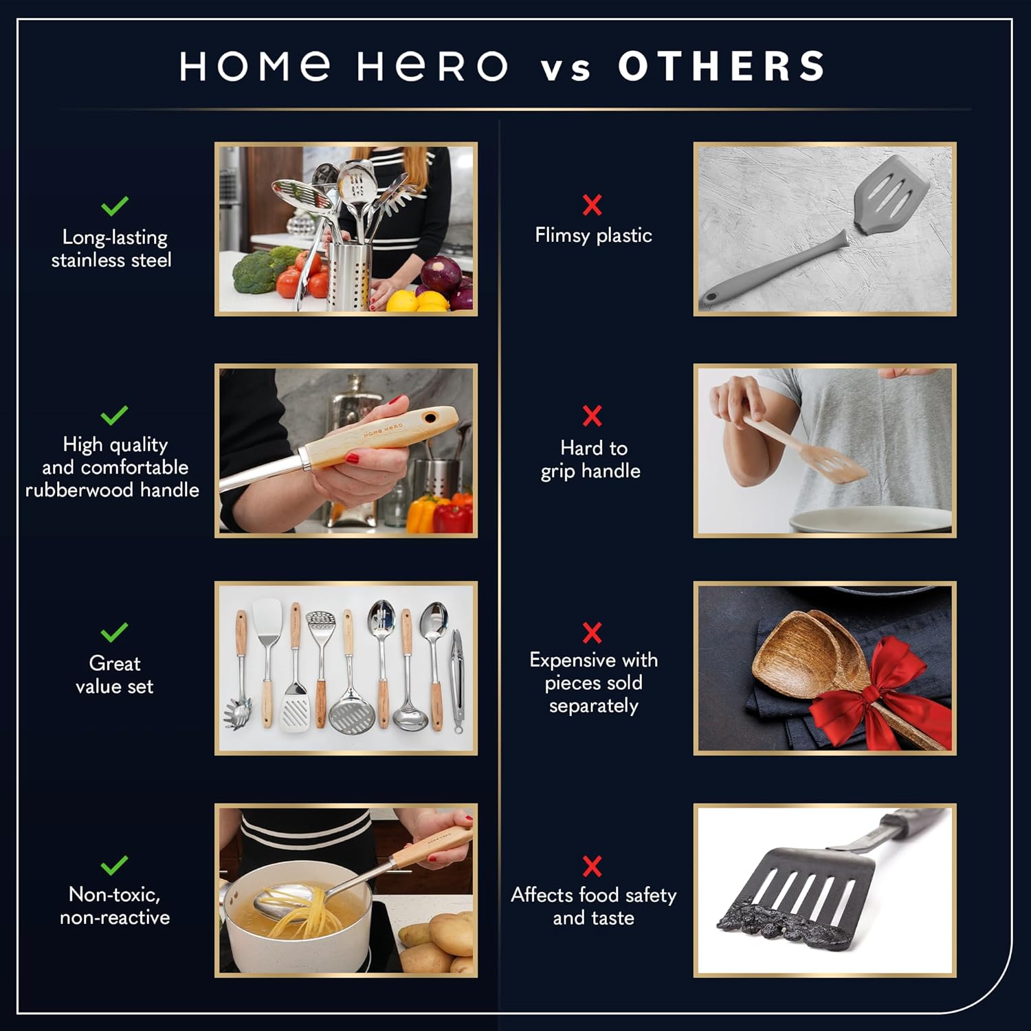 Thumbnail 6 de Home Hero 10-Piece Stainless Steel Kitchen Utensils Set with Wood Handles (Silver & Wood)
