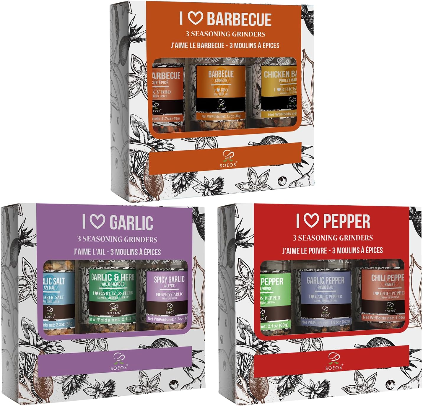 Thumbnail 1 de Soeos Spice Grinder Set of 9 with BBQ, Pepper and Garlic Seasonings