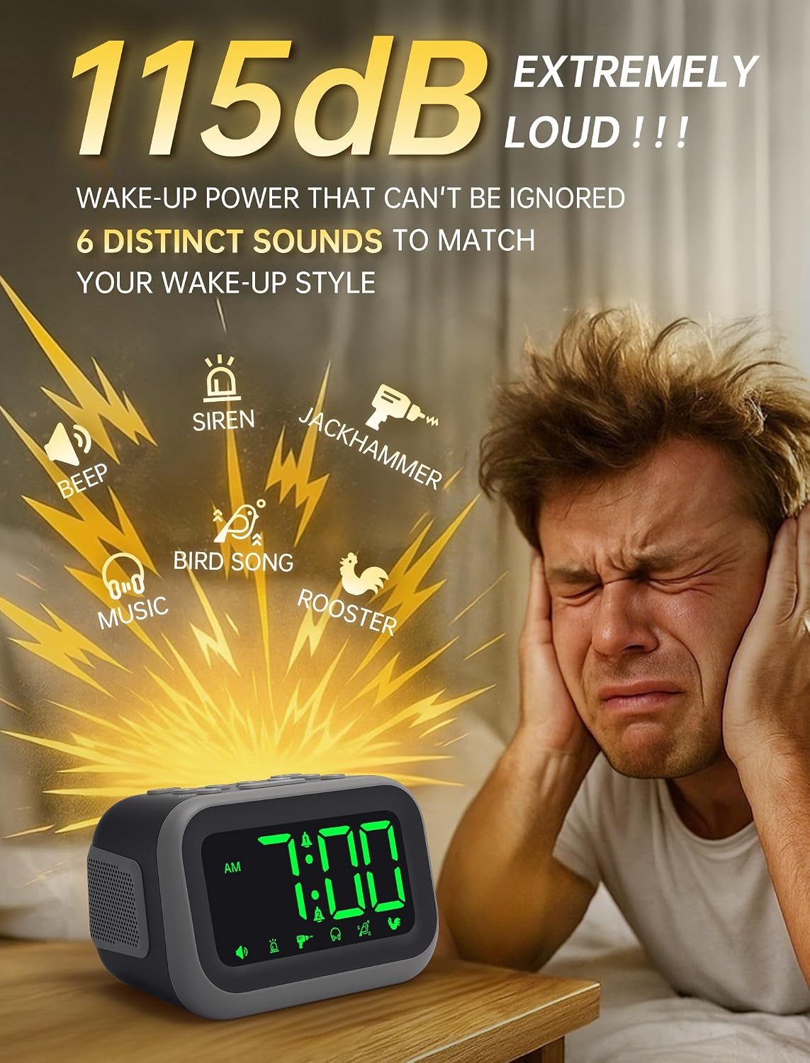 Detalle 2 de Acedeck Super Loud Alarm Clock, 115dB, Dual Alarms and 6 Sounds