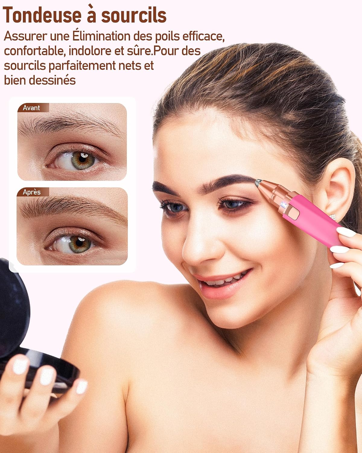 Detalle de Rasoir Visage Femme & Tondeuse à Sourcils 2 en 1 avec LED — Rechargeable, Rouge