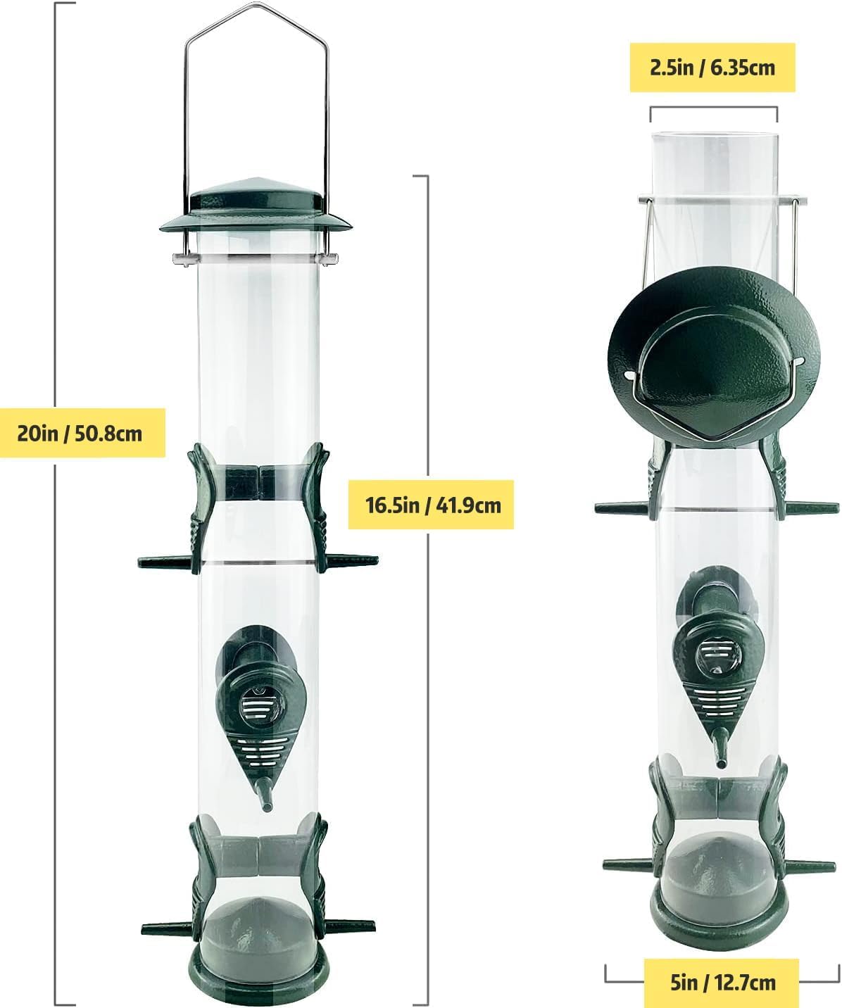 Thumbnail 1 de Metal Bird Feeder Tube Hanging Feeders (6 Port) Weatherproof Metal Tube Seed Feeder with Steel Hanger – Green