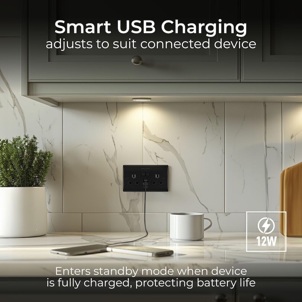 Thumbnail 1 de BG Electrical 12W Double Switched Power Wall Socket with Type A and Type C USB Ports (Nexus Metal, Matt Black, 13A) - NFB22UAC12B