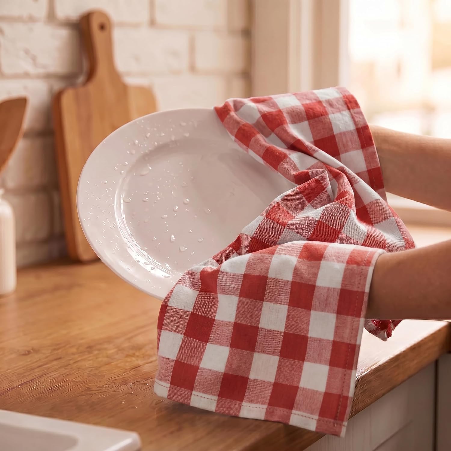 Thumbnail 6 de Urban Villa Buffalo Checks Rust Kitchen Towels Set of 6 (20x30) — 100% Cotton, Mitered Corners