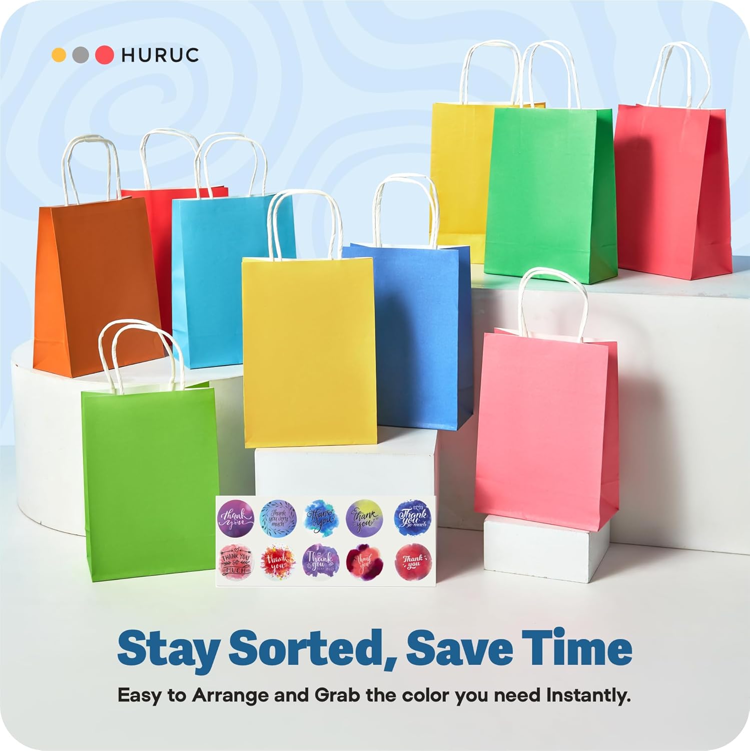 Detalle de HURUC 30 PCS Colourful Paper Party Bags with Handles 120 GSM – Rainbow Kraft Bags (15×8×21 cm)