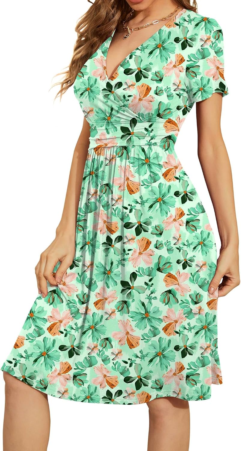 Detalle de WEACZZY Floral V-Neck Short-Sleeve Casual Dress with Pockets