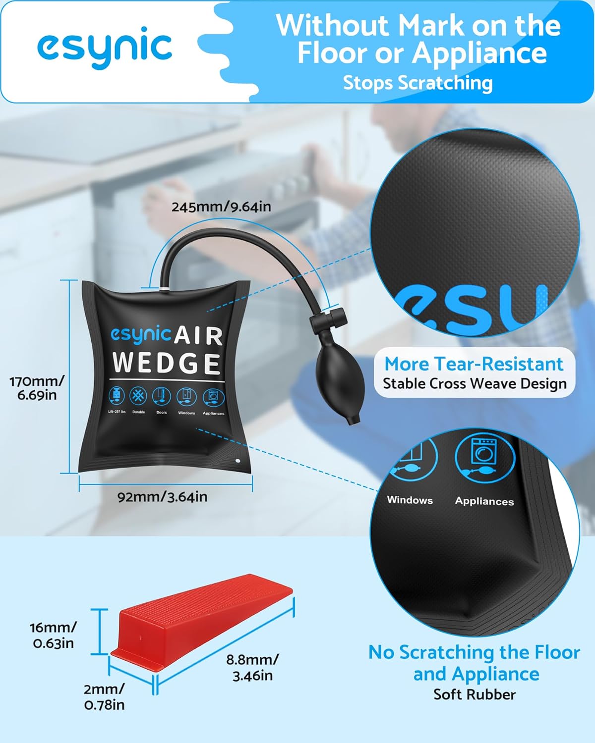 Detalle de eSynic Air Wedge Pump Up Bag Professional 4pcs: Lifting and Alignment Tool with 6 Plastic Wedges