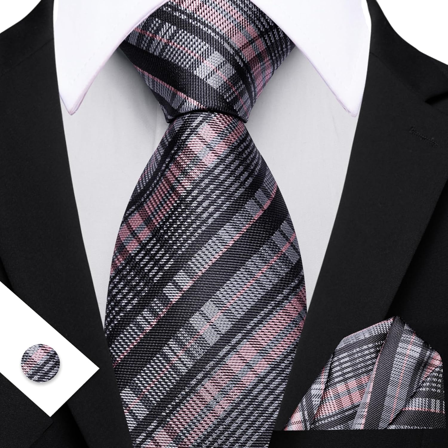 Thumbnail 3 de Barry.Wang 63" Extra Long Plaid Silk Necktie Set with Pocket Square, Cuff Links and Gift Box