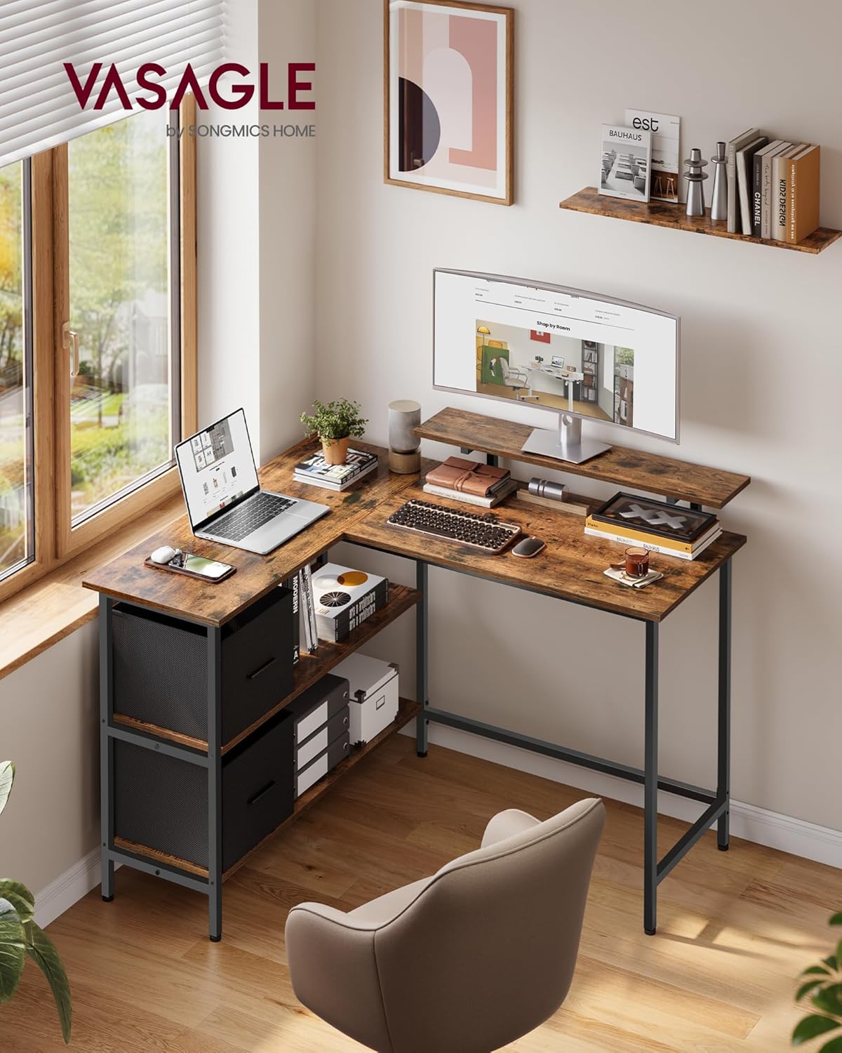 Thumbnail 1 de VASAGLE L-Shaped Desk with 2 Drawers (LWD097B01) — Reversible Corner Computer Desk in Rustic Brown