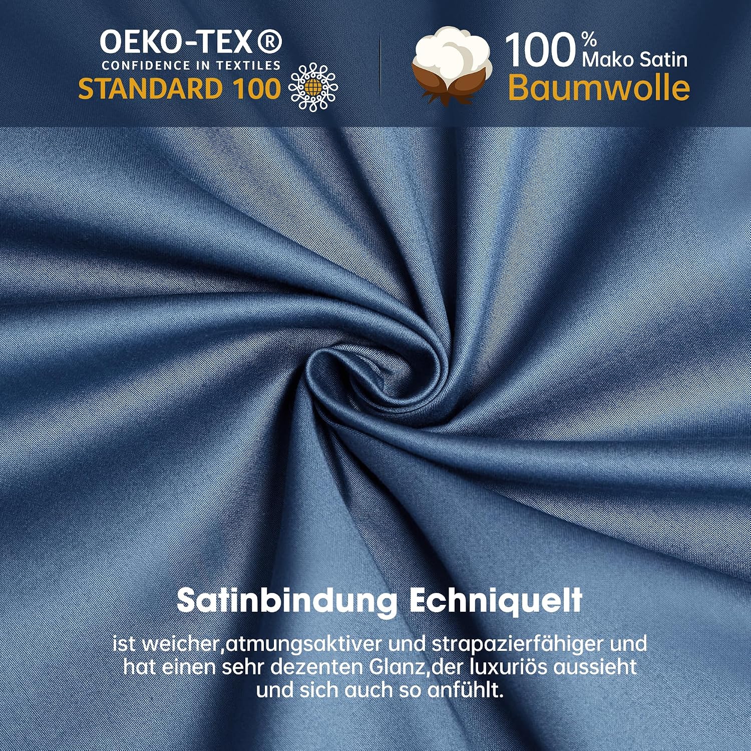 Thumbnail 3 de Luofanfei Mako Satin Baumwolle Bettwäsche-Set 155x220 Blau kühlend, glatt (1 Bettbezug + 2 Kissenbezüge 80x80)