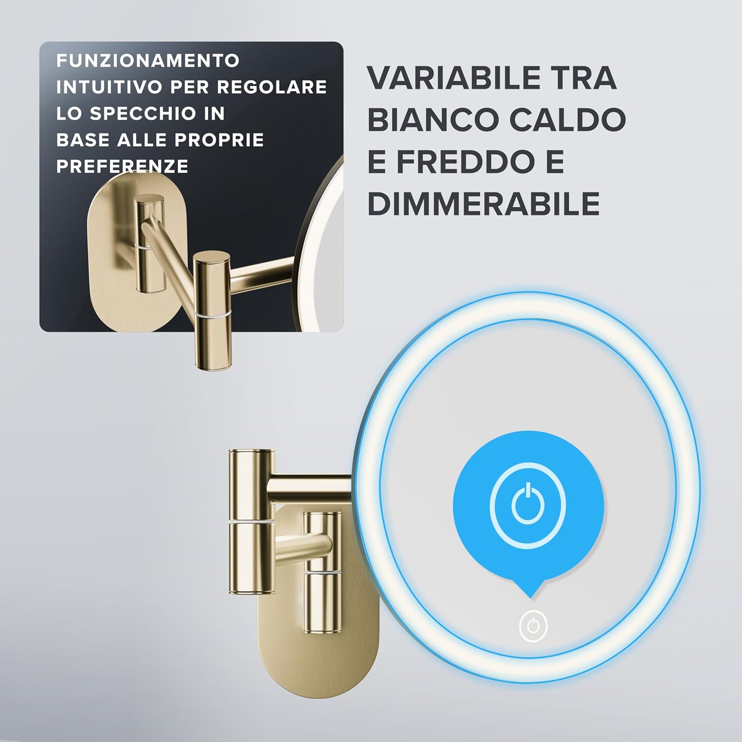 Thumbnail 1 de ovimar Specchio cosmetico Blavand Gold con illuminazione, ricaricabile e montaggio a parete