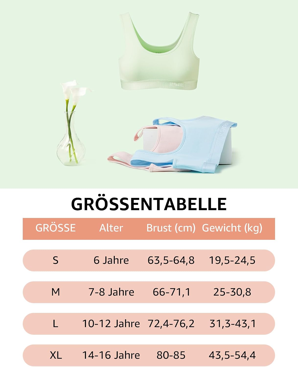 Detalle 2 de INNERSY Mädchen-Bustier Sport-BH aus Baumwolle ohne Bügel (Bralette) – 3er Pack, für 6–16 Jahre