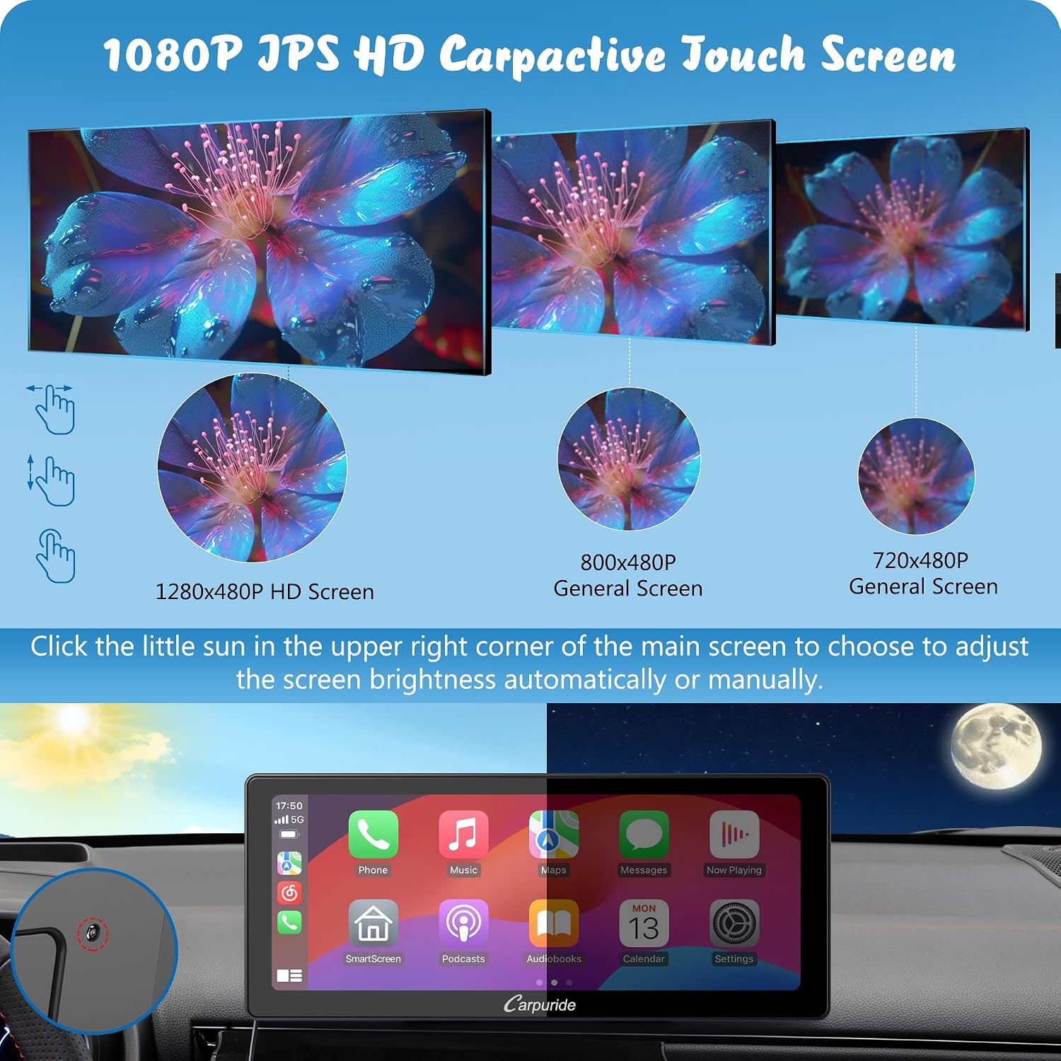 Detalle de Carpuride W103 Pro: 10.3-inch Wireless CarPlay/Android Auto Receiver with Dual Bluetooth, Mirror Link and GPS