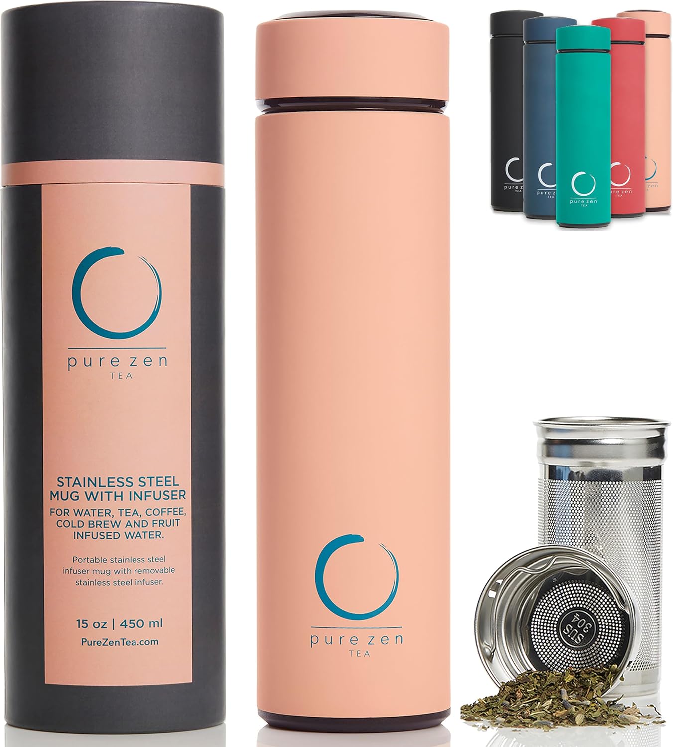Thumbnail 6 de Pure Zen Tea Thermos with Infuser (Leakproof Travel Mug, Stainless Steel, 15oz) – Blue
