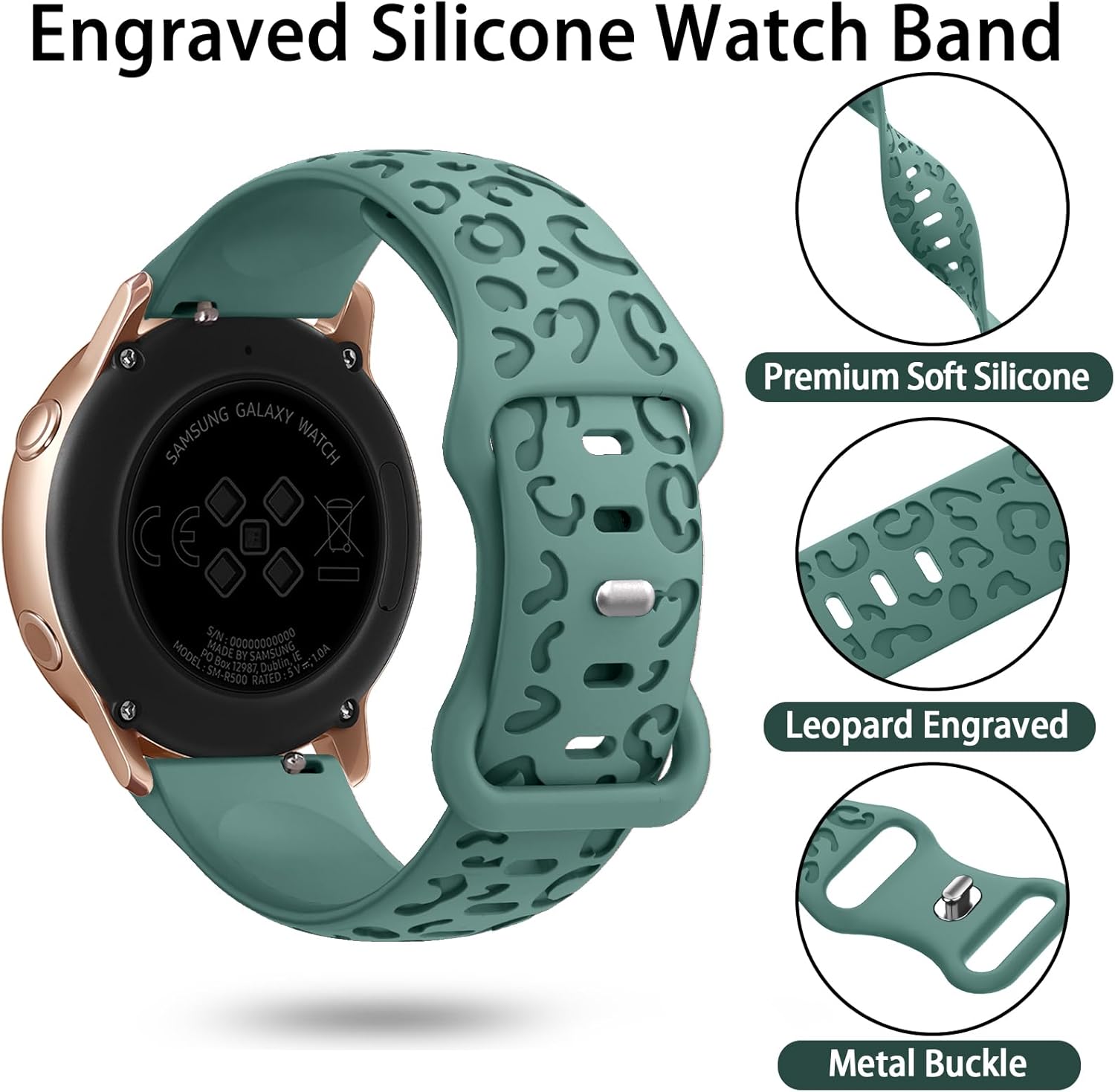 Thumbnail 1 de Towsnails Leopard Engraved Strap in Pine Green for Samsung Galaxy Watch (40/44mm & 42/46mm & 45mm, Quick-Release 20mm)