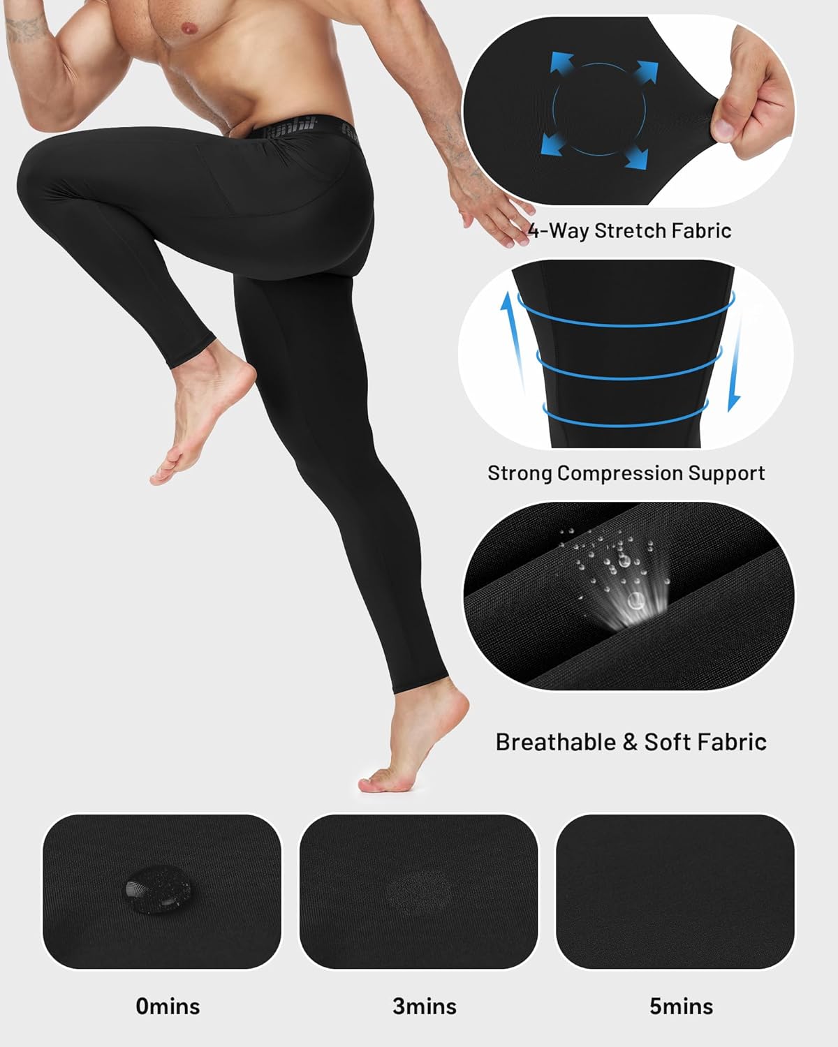 Detalle de Runhit Men’s Running Leggings with Pockets – 1/3 Pack Compression Tights for Training and Outdoors