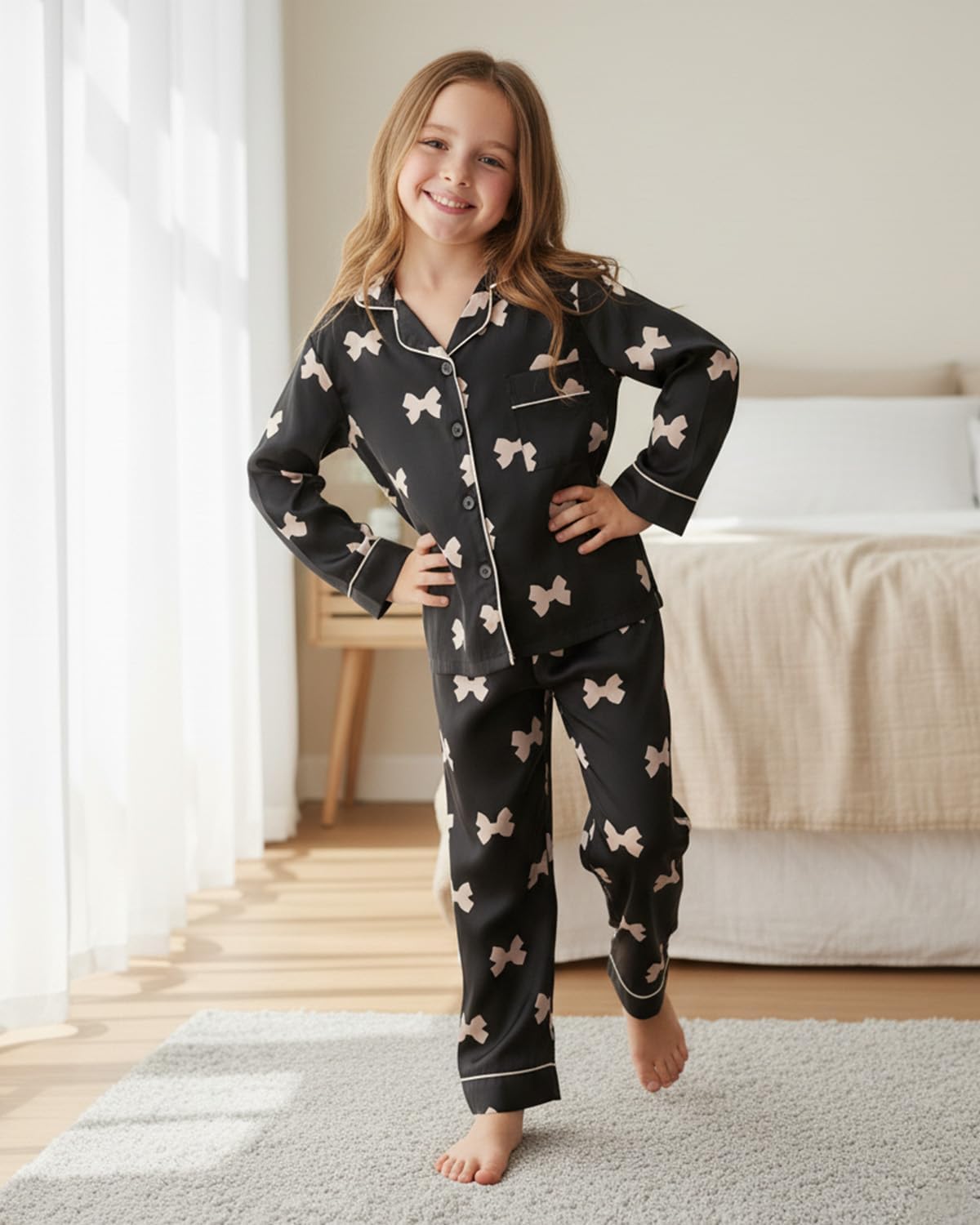 Thumbnail 1 de JiAmy pyjamas för flickor, tvådelat set i polyester med knappslå, 8–12 år