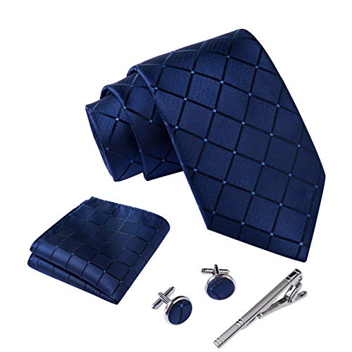 Detalle de Massi Morino Set 5 en 1: Corbata Azul de Cuadros con Pañuelo y Accesorios para Hombre (Regalo de Boda)