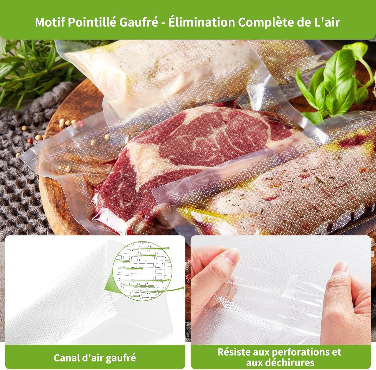 Detalle de Vihoom Rouleau Sous Vide Alimentaire – 6 rouleaux 28x300 cm, sans BPA