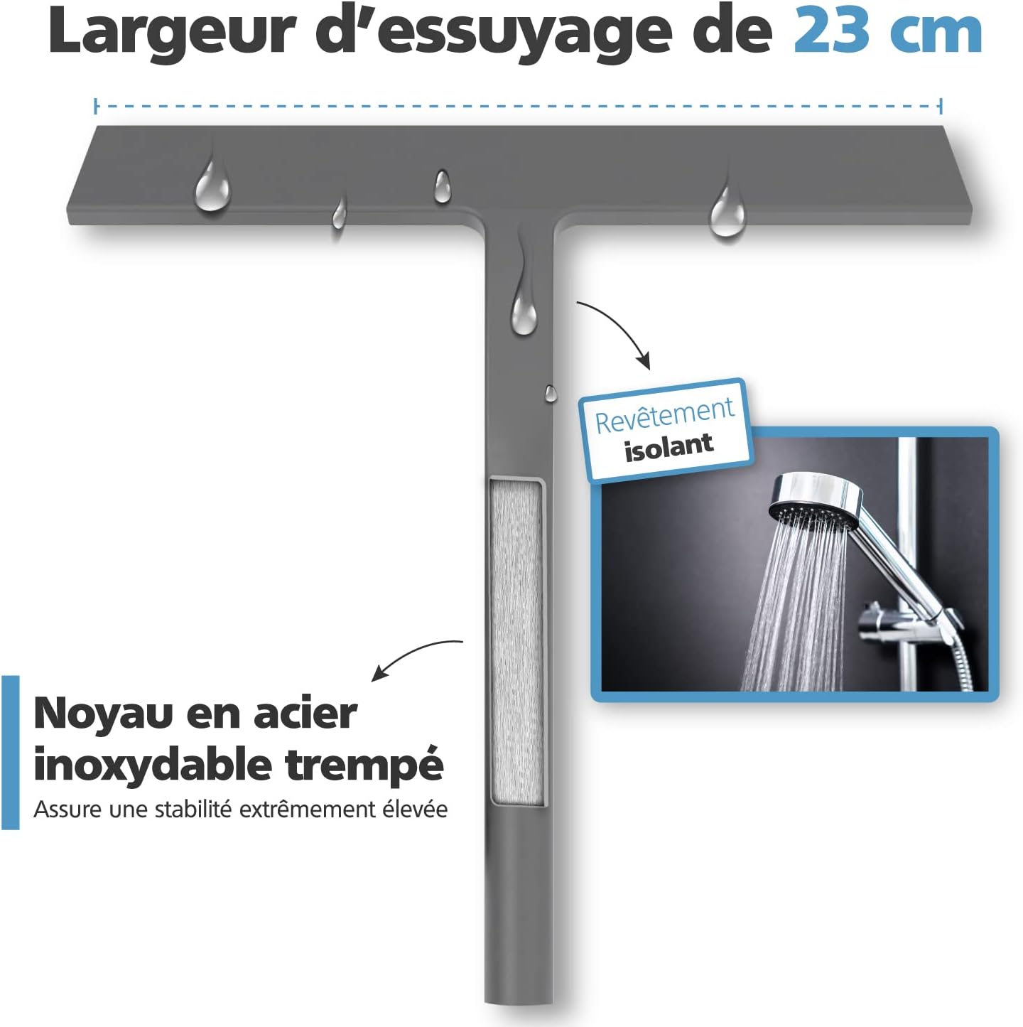 Thumbnail 2 de Virea Raclette de Douche en Silicone Gris Largeur 23 cm – avec Suspension et Noyau en Acier Inoxydable
