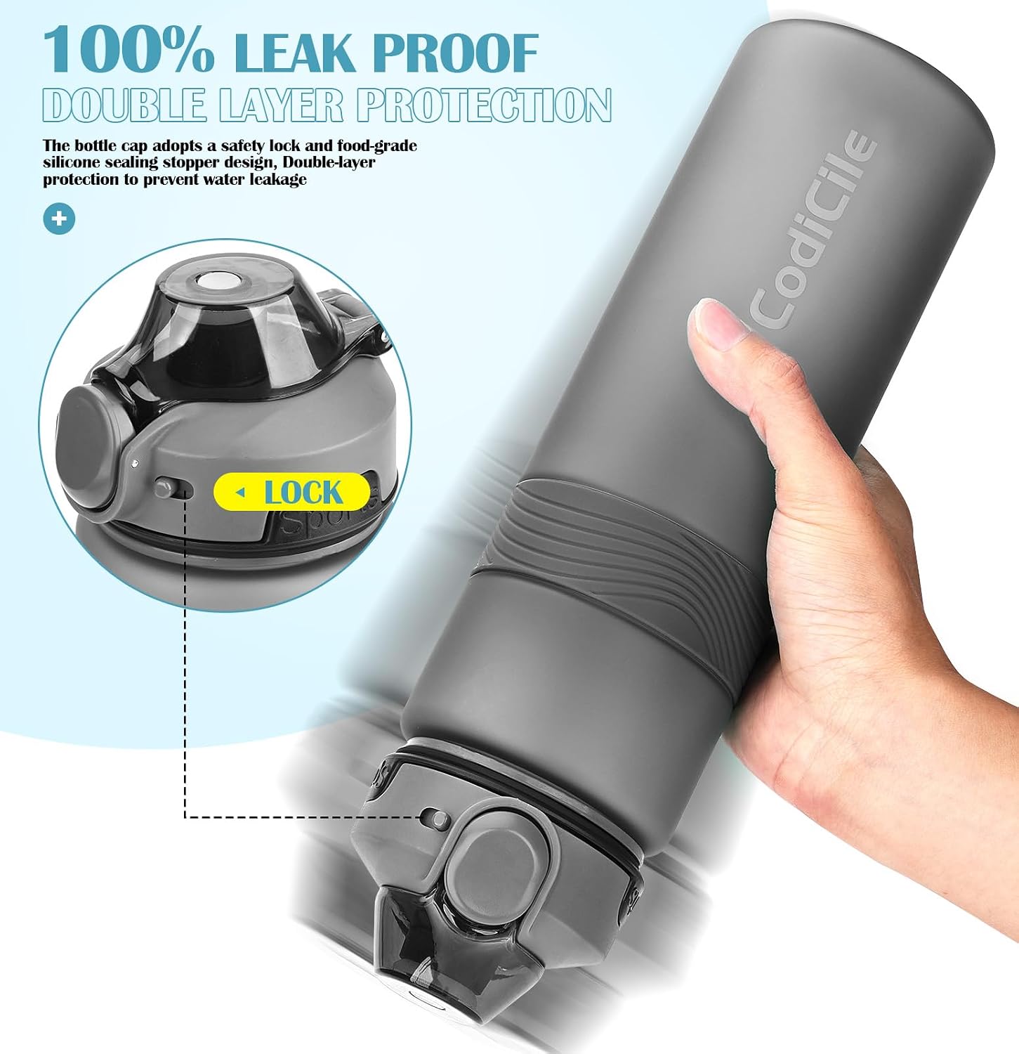 Detalle de CodiCile Water Bottle 1L – BPA Free Leak-Proof Sports Bottle (Dark Gray)