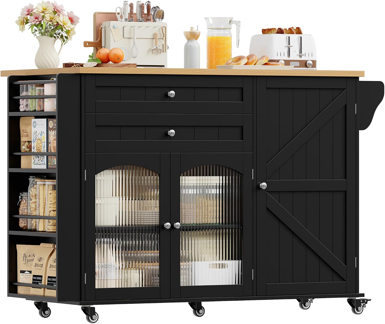 Detalle de FirFurd M218 Kitchen Island with Folding Worktop, Wheels, 2 Drawers and 3 Doors