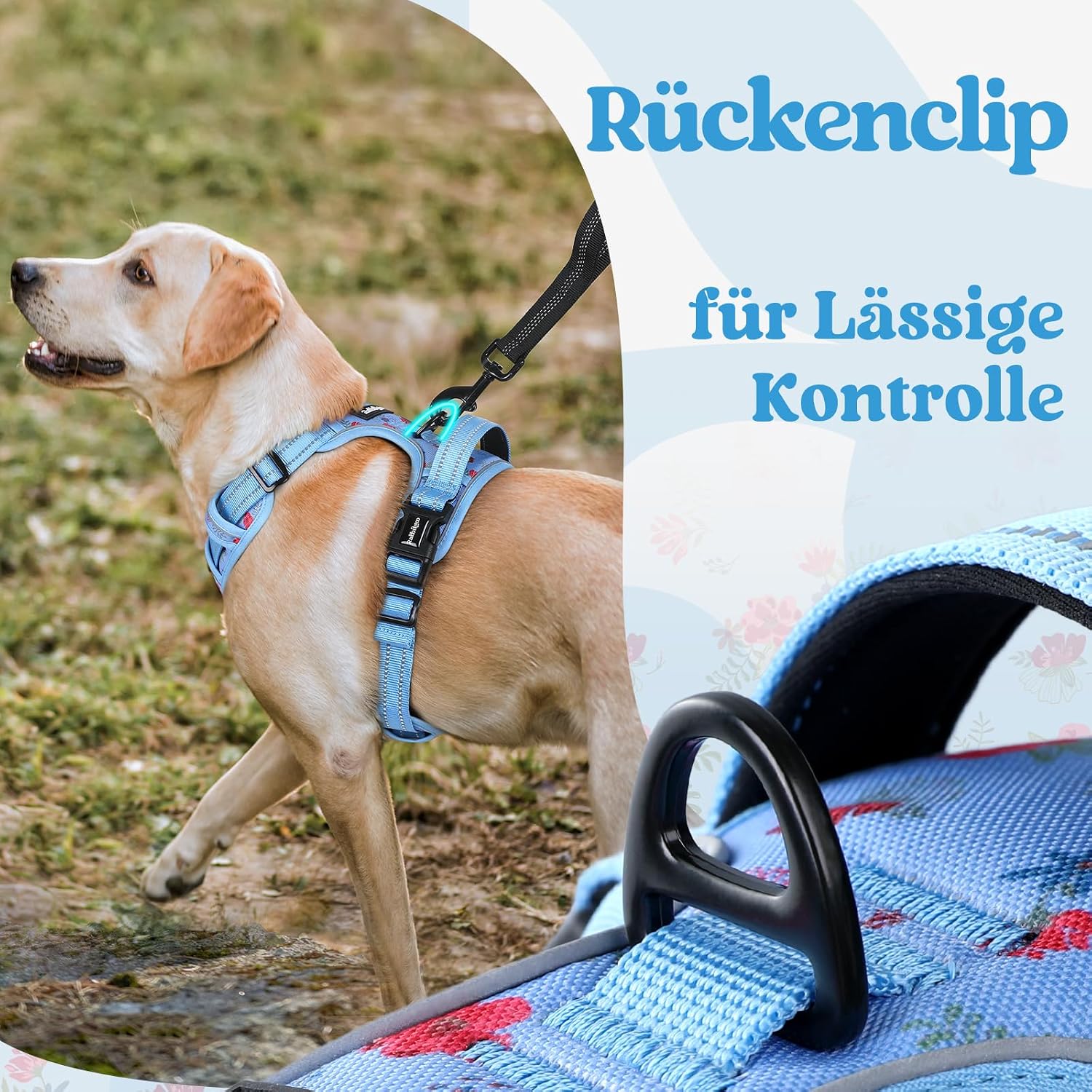 Thumbnail 6 de rabbitgoo Hundegeschirr für große Hunde (verstellbar, Anti-Zug) – mit Griff, reflektierend, weich gepolstert – Blumen Blau L