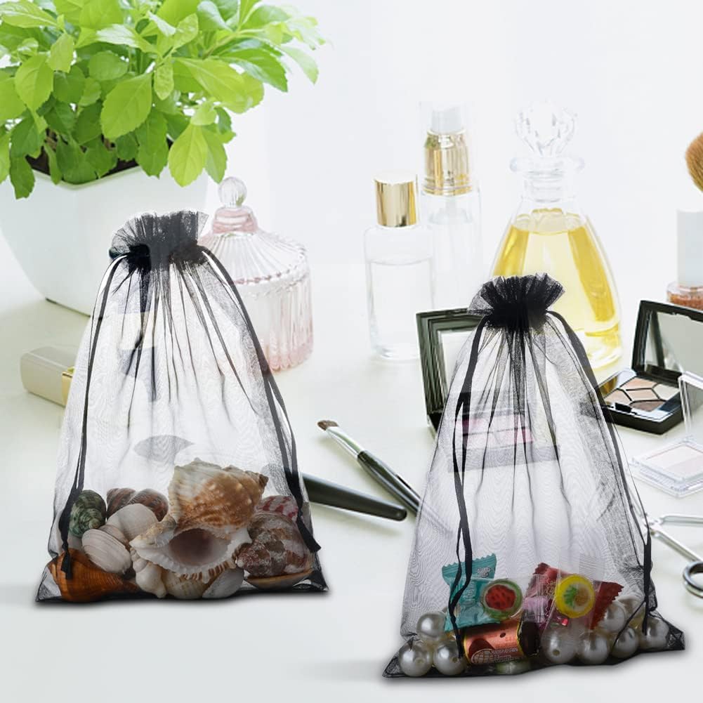 Detalle 2 de YFZYT 100 PCS Organza Gift Bags 20 x 30 cm – Drawstring Jewellery & Gift Pouches (Black)