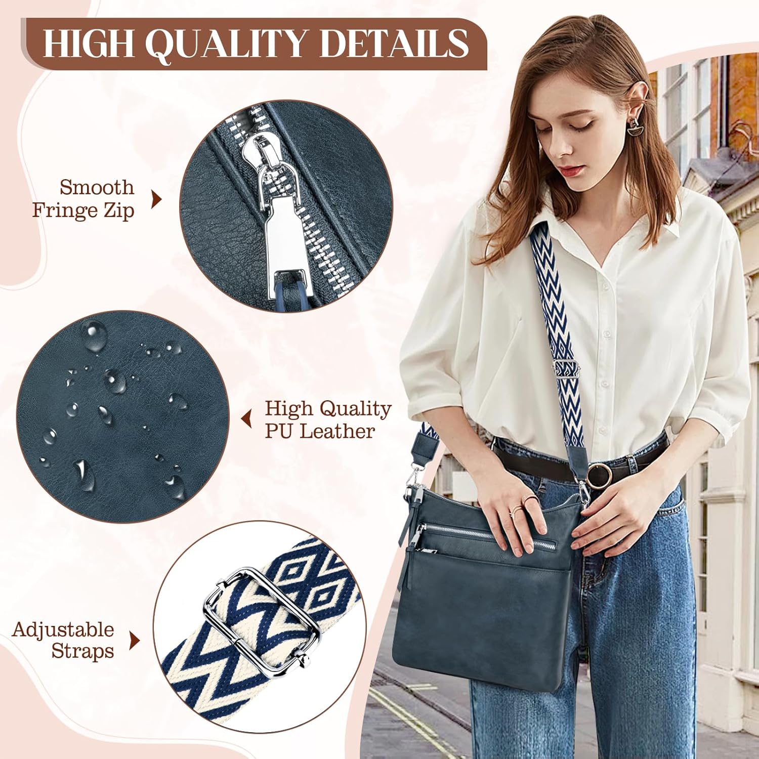 Detalle de LUROON Crossbody Bag for Women – Lightweight Medium PU Leather, Adjustable Wide Strap