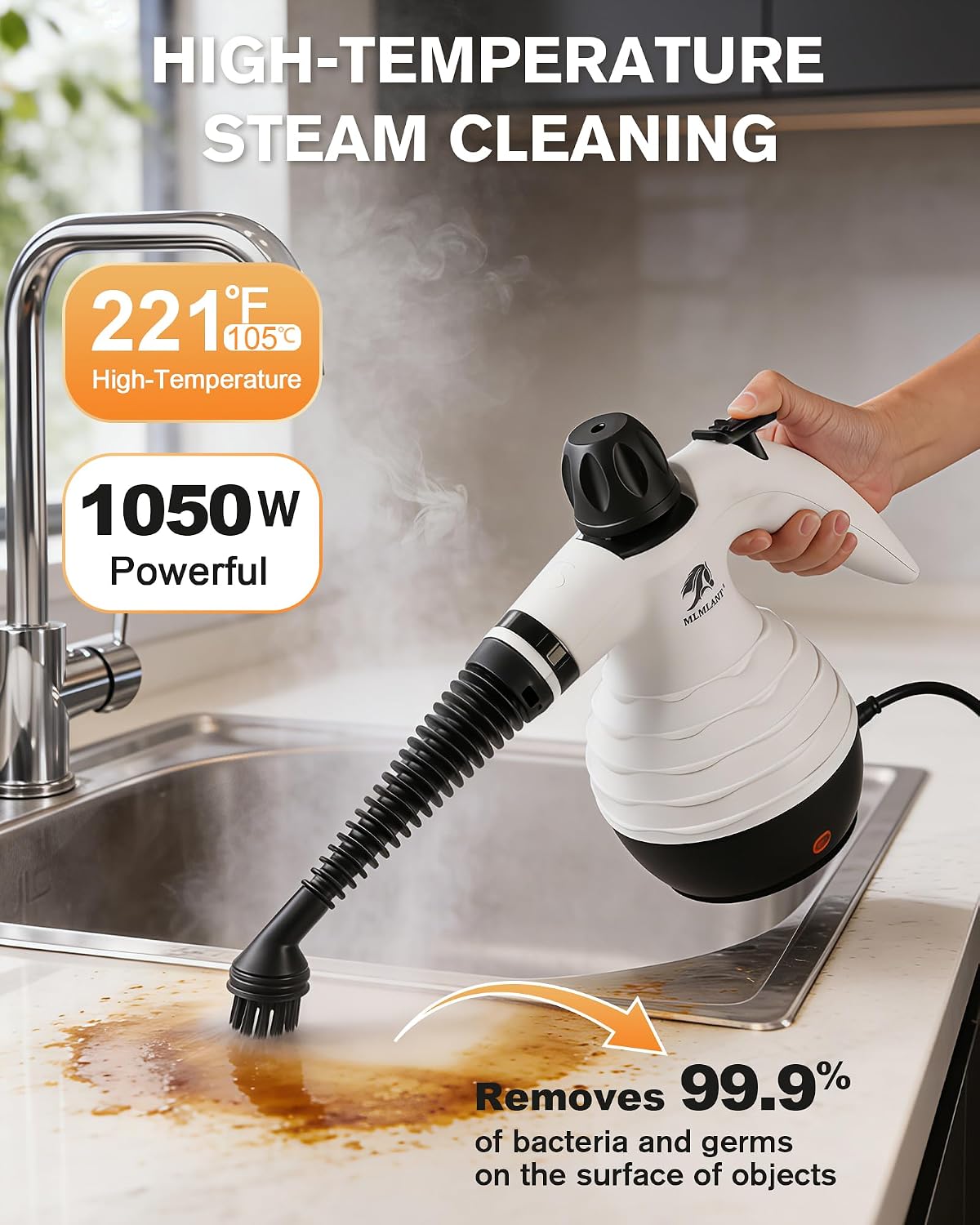 Detalle de MLMLANT EM-308 Handheld Steam Cleaner, 4.5 Bar, 300°F, 10 Accessories