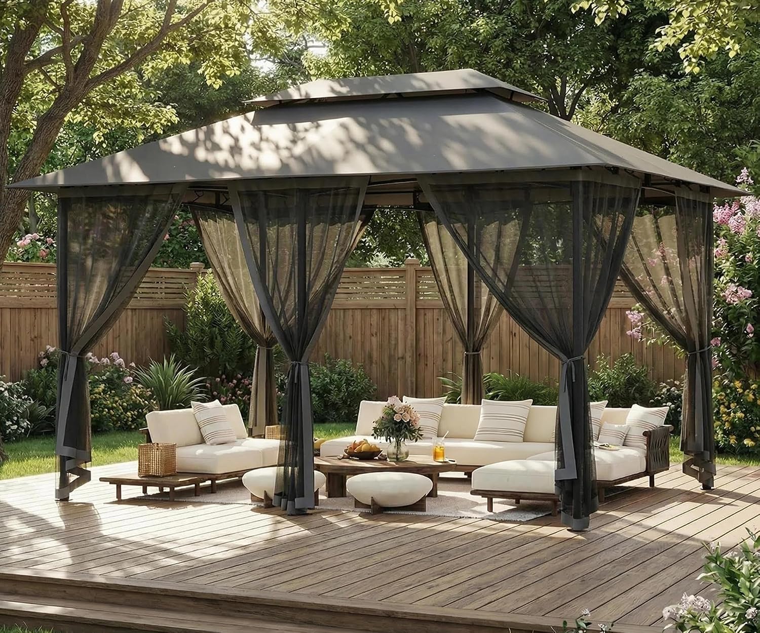 Detalle de Amopatio Gartenpavillon 2,8x2,8 m mit Doppeldach, wasserdicht & Moskitonetz (Grau)