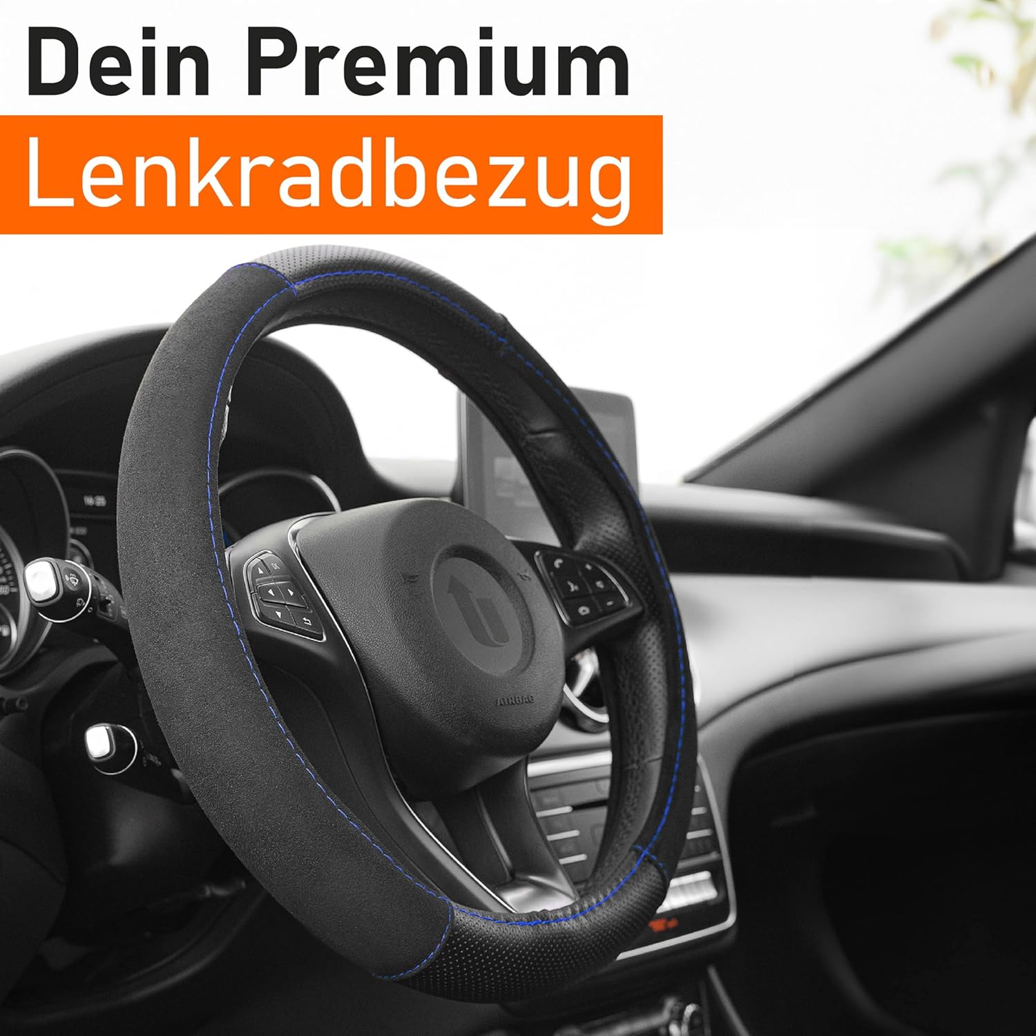 Detalle de Upgrade4cars Lenkradbezug Schwarz-Blau (Leder-Optik) universal für 37–39 cm