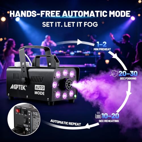 Detalle de AGPTEK Fog Machine 600W with 12 RGB Colors, 4000 CFM, Auto Shutoff