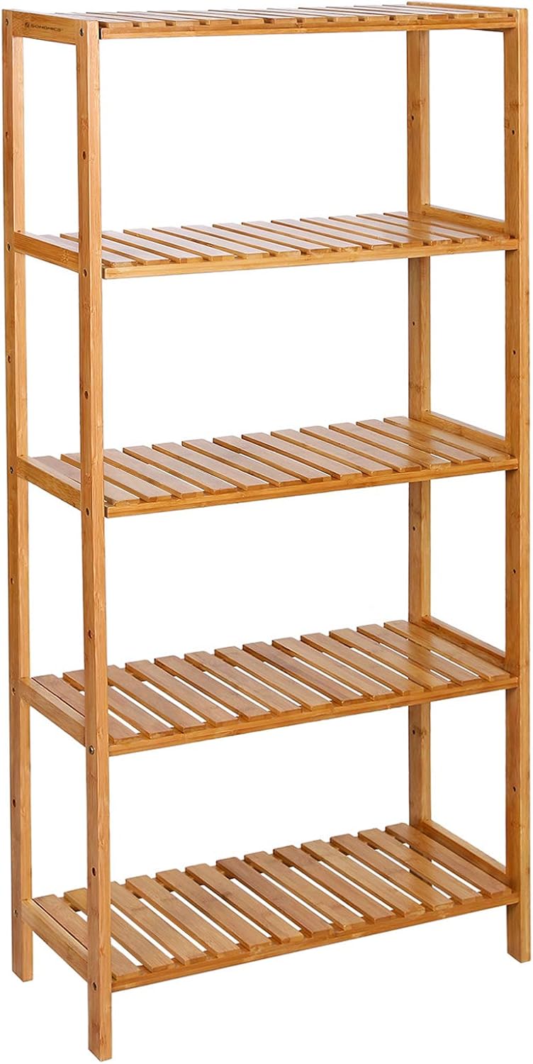 Detalle de SONGMICS BCB35Y Bamboo 5-Shelf Floor Storage Rack — Adjustable Heights in Natural Finish