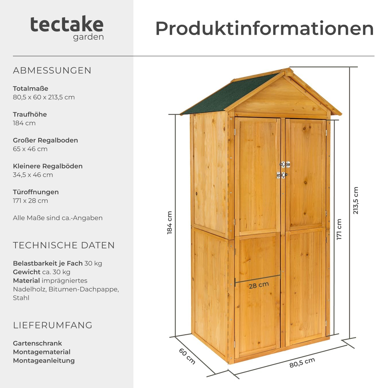 Detalle 2 de tectake® Holz Gartenschrank für den Außenbereich, wetterfest, 80,5 x 60 x 213,5 cm