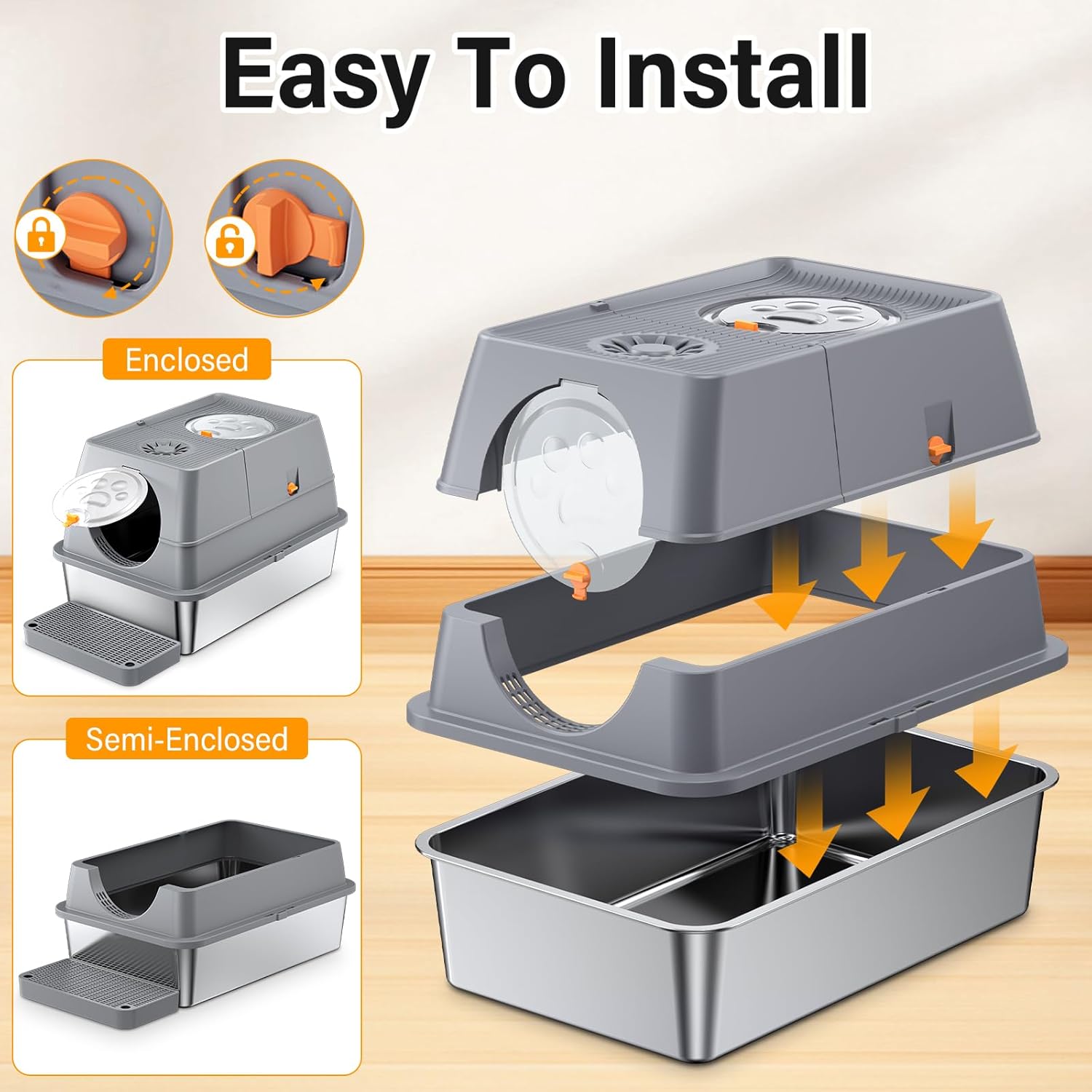 Thumbnail 4 de QEANY lettiera per gatti in acciaio inox XXL con coperchio 60 x 40 x 39 cm, grande e chiusa (con pala e tappetino)