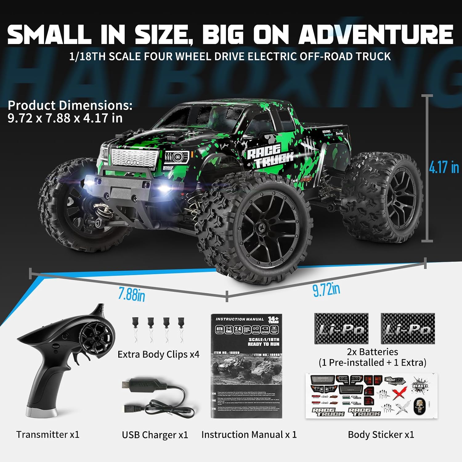 Detalle 2 de HAIBOXING 18859 1:18 4WD RC Truck, 36 KPH, 2.4GHz, Two Batteries