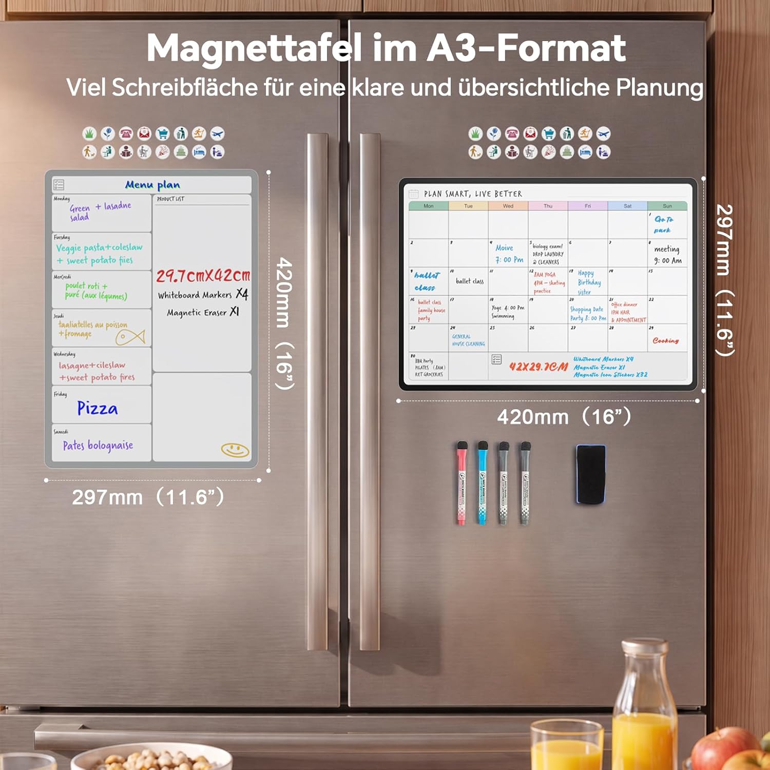 Detalle de SURFOU Lavagna Magnetica Frigo A3 – Planner Mensile e Settimanale Cancellabile con Accessori Completi